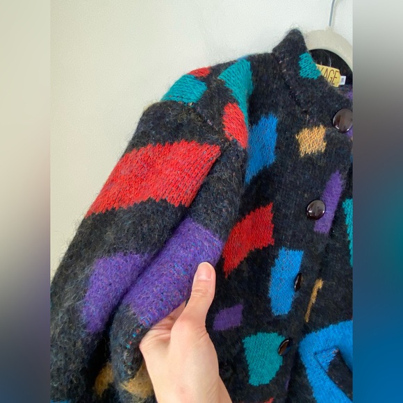 Colourblock colourful wool mohair blend chunky knit thick cardigan - Picture 9 of 15